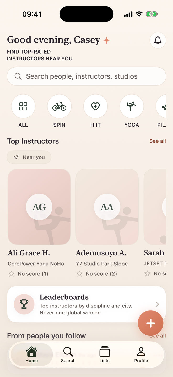 The Sweatlist home screen on iPhone: a search field, round discipline filters for spin, HIIT and yoga, and a row of instructor cards, each card naming the studio the instructor teaches at and how many ratings they have so far.