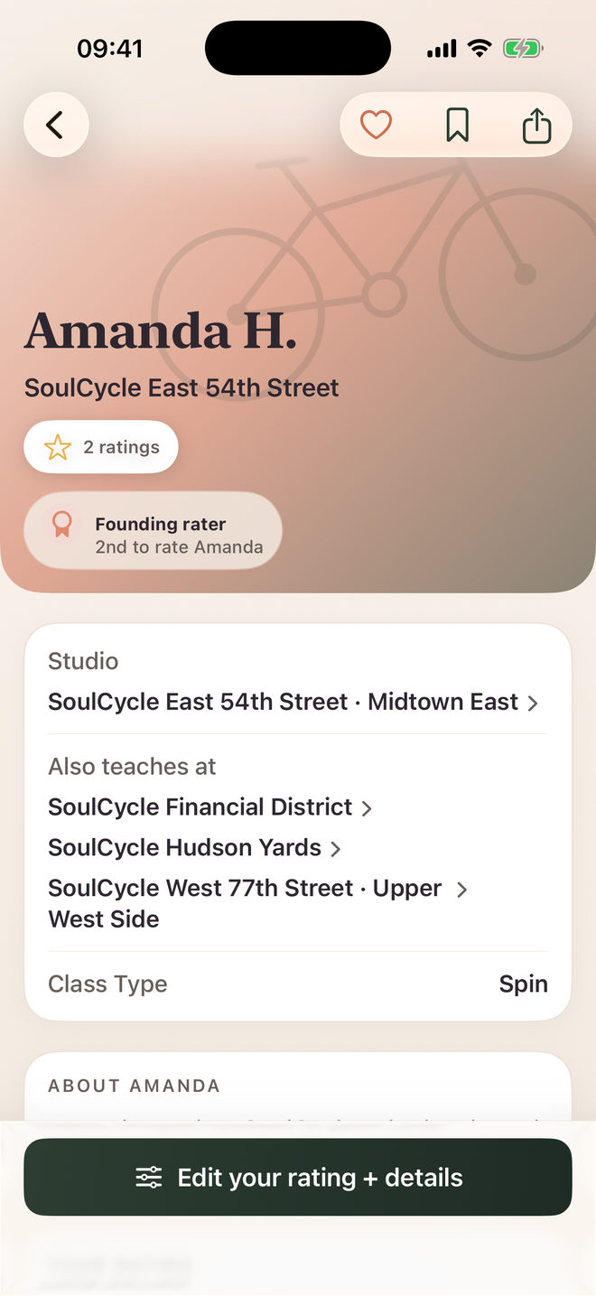 A Sweatlist instructor profile on iPhone: the instructor&rsquo;s name over the studio they teach at, a rating count, the second studio they also teach at, their class types, and a short description of the classes they run.