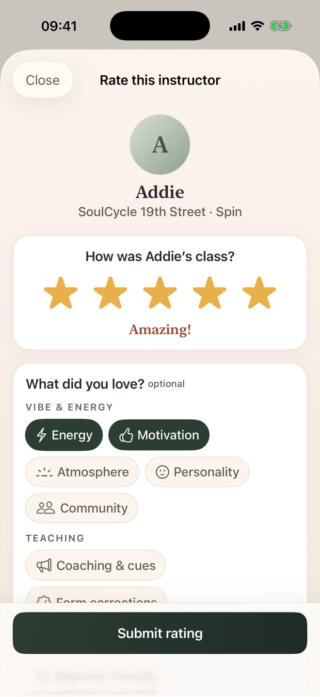 The Sweatlist rating sheet on iPhone: five stars under the question How was Amanda&rsquo;s class, and below them an optional What did you love panel whose tags are grouped under Vibe and energy, Teaching, and The experience.