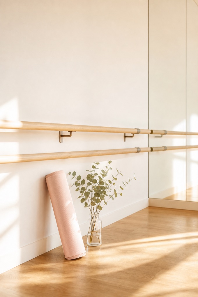 Sunlit barre studio with a blush mat and eucalyptus