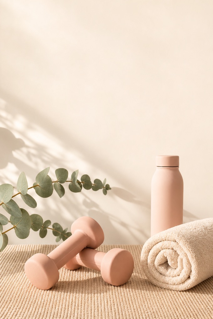 Blush dumbbells and a rolled towel in soft morning light